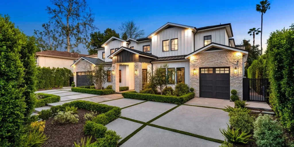Large home with tall glass windows